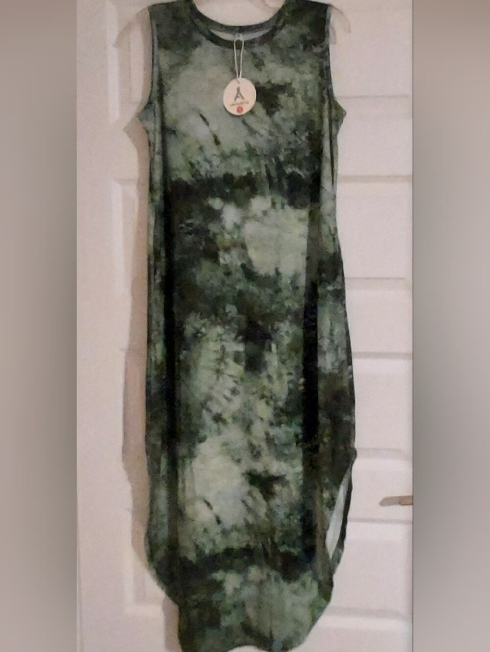 Anrabess Womens Green Tie Dye Maxi T Shirt Tank Dress Round Hem Med New